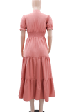 Peach Elegant Solid Color Buckle Mandarin Collar A Line Dresses