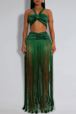 Brown Sexy Solid Color Fringed Trim Ruched Asymmetrical Collar Sleeveless Two Pieces