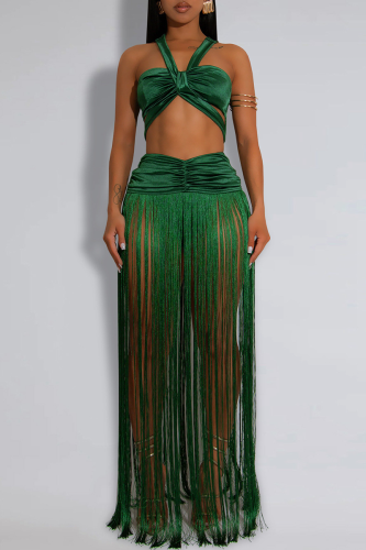 Green Sexy Solid Color Fringed Trim Ruched Asymmetrical Collar Sleeveless Two Pieces