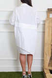 White Casual Solid Color Buckle Shirt Collar Irregular Dresses