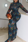 Blue Black Elegant Print Patchwork O Neck Printed Dresses