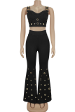 Black Sexy Solid Color Hollow Out Spaghetti Strap Sleeveless Two Pieces
