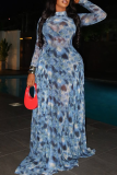 Blue Elegant Print Patchwork O Neck A Line Dresses