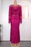 Light Brown Elegant Solid Color Hot Drill O Neck Long Plus Size Dresses