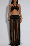 Brown Sexy Solid Color Fringed Trim Ruched Asymmetrical Collar Sleeveless Two Pieces