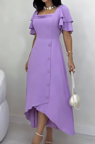 Light Purple Elegant Solid Color Buckle Square Neck A Line Dresses