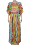 Green Yellow Casual Stripe Patchwork O Neck Half Sleeve Two Pieces