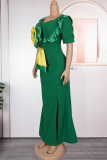 Black Elegant Solid Color Slit Zipper Rhinestone Decor Square Neck Long Plus Size Dresses