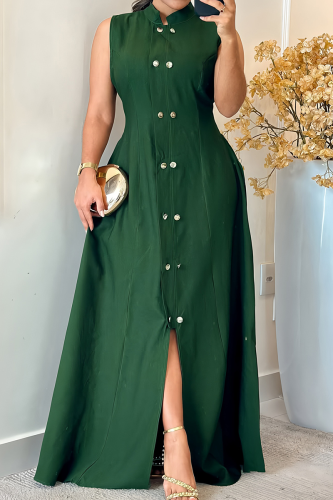 Green Casual Elegant Solid Color Buckle Slit O Neck A Line Dresses