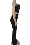 Black Sexy Solid Color Hollow Out Zipper Strapless Sleeveless Two Pieces