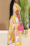 Yellow Casual Print Zipper O Neck Bodycon Jumpsuits