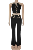 Black Sexy Solid Color Hollow Out Zipper Strapless Sleeveless Two Pieces