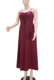 Burgundy Casual Solid Color Slit Spaghetti Strap Sleeveless Two Pieces