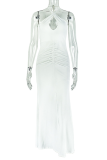 White Sexy Solid Color Hollow Out Backless Halter Long Dresses