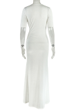 Green Yellow Sexy Solid Color Hollow Out Slit O Neck Long Dresses