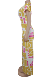 Yellow Casual Print Zipper O Neck Bodycon Jumpsuits