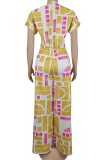 Yellow Casual Print Zipper O Neck Bodycon Jumpsuits