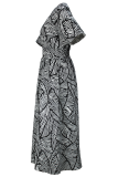 Black White Elegant Print V Neck Long Dresses