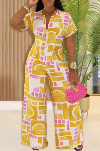 Yellow Casual Print Zipper O Neck Bodycon Jumpsuits