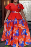 Red Elegant Print Buckle With Belt V Neck A Line Plus Size Dresses