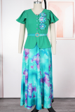 Red Elegant Print Buckle With Belt V Neck A Line Plus Size Dresses