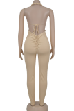 White Sexy Solid Color Hollow Out Halter Skinny Jumpsuits
