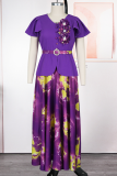 Red Elegant Print Buckle With Belt V Neck A Line Plus Size Dresses