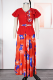 Red Elegant Print Buckle With Belt V Neck A Line Plus Size Dresses