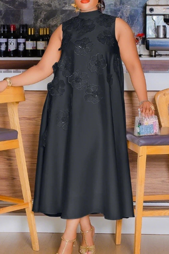Black Casual Solid Color Strap Design Flower Shape O Neck Long Dresses