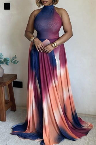 Pink Purple Elegant Gradient Backless O Neck Long Dresses