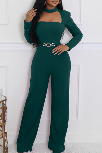 Ink Green Casual Solid Color Hollow Out Metal Accessories Trim O Neck Regular Jumpsuits