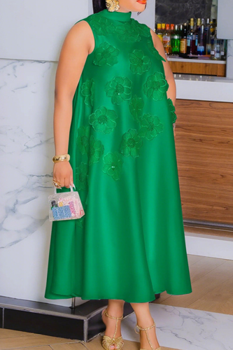 Green Casual Solid Color Strap Design Flower Shape O Neck Long Dresses