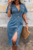 Blue Sexy Solid Color Buckle Turndown Collar Denim Plus Size Dresses
