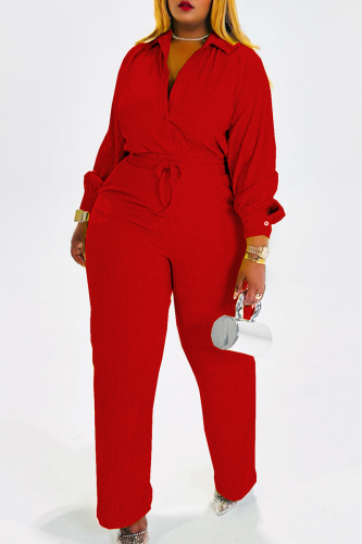 Red Casual Solid Color Draw String Turndown Collar Long Sleeve Two Pieces