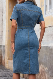 Blue Sexy Solid Color Buckle Turndown Collar Denim Plus Size Dresses