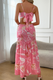 Pink Sexy Print Hollow Out Spaghetti Strap Long Dresses