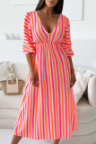 Green Pink Casual Vacation Stripe Patchwork V Neck Long Dresses