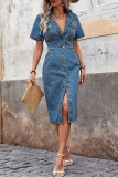 Light Blue Sexy Solid Color Buckle Turndown Collar Short Sleeve Bodycon Denim Dresses