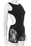 Black Sexy Solid Color Lace Hollow Out O Neck Skinny Rompers