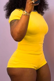 Yellow Casual Solid Color Patchwork O Neck Short Sleeve Two Pieces