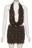 Brown Sexy Solid Color Fringed Trim Backless Halter Sleeveless Two Pieces