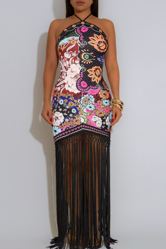 Black Elegant Print Fringed Trim Backless Halter Long Dresses