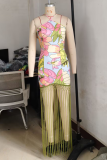 Black Elegant Print Fringed Trim Backless Halter Long Dresses