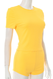 Yellow Casual Solid Color Patchwork O Neck Short Sleeve Two Pieces