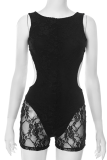 Black Sexy Solid Color Lace Hollow Out O Neck Skinny Rompers