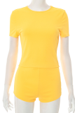 Yellow Casual Solid Color Patchwork O Neck Short Sleeve Two Pieces