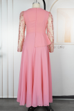 White Elegant Solid Color Patchwork O Neck Evening Plus Size Dresses