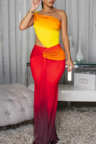 Red Sexy Gradient Color Hollow Out Asymmetrical Collar Evening Dresses