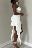 White Sexy Solid Color Ruffle Hem Strapless Irregular Dresses