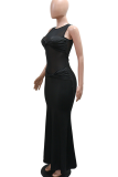 Black Sexy Solid Color See-Through O Neck Long Dresses